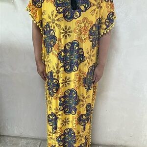 Yellow and Blue Resort Maxi Dress with Dolman Sleeves